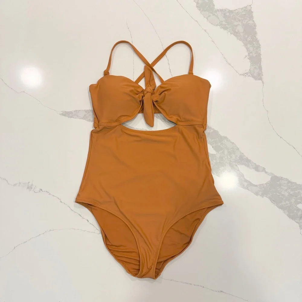 Aerie One-Piece Swimsuit Warm Rust Orange Tie Front Size Large - Picture 4 of 5